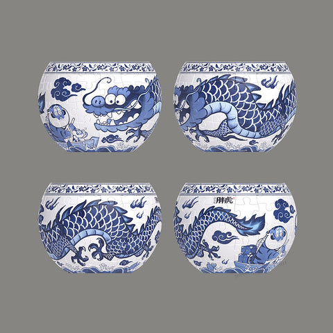 Pintoo K1112 Blue & White by Alexander the Fat Tiger - Sky Fat Dragon - Flower Pot Jigsaw Puzzle